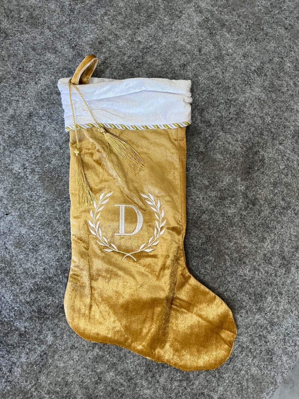 "D" Embroidered Gold White Velvet Tassel Tie Christmas Holiday Stocking 18" NWOT